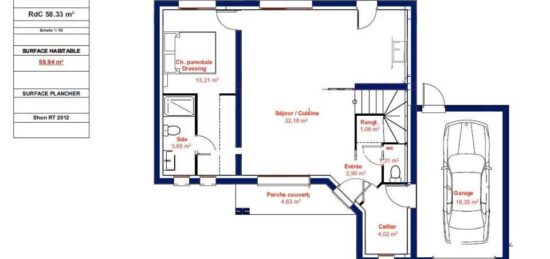 Plan de maison Surface terrain 98.94 m2 - 5 pièces - 4  chambres -  avec garage 