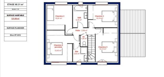 Plan de maison Surface terrain 121.06 m2 - 6 pièces - 5  chambres -  avec garage 