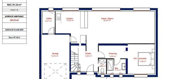 Plan de maison Surface terrain 141.31 m2 - 6 pièces - 5  chambres -  avec garage 